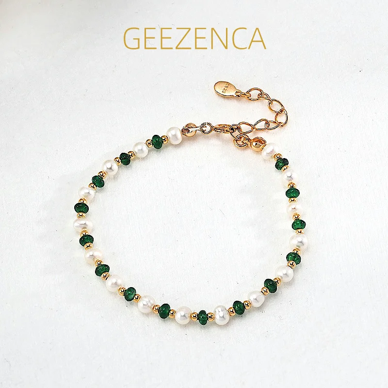 GEEZENCA S925 Silver Pearl Green Stone Spaced Beads Strand Bracelet For Women 18K Gold Simple Chic Bracelets 2024 New Party Gift