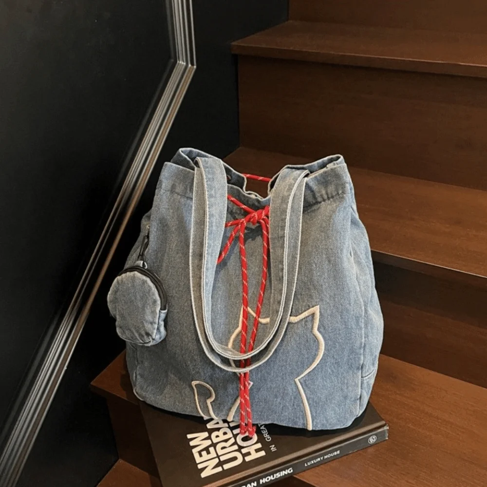 

Leisure Vintage Women Tote Bags Y2k Denim Kitty Shoulder Bags Harajuku Large-capacity Drawstring Bag Ladies/Girls
