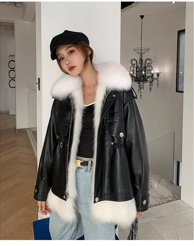 

2023 New Genuine Leather Jacket Women Winter Sheepskin Coat Female 90% White Duck Down Jackets Fox Fur Collar Abrigo M