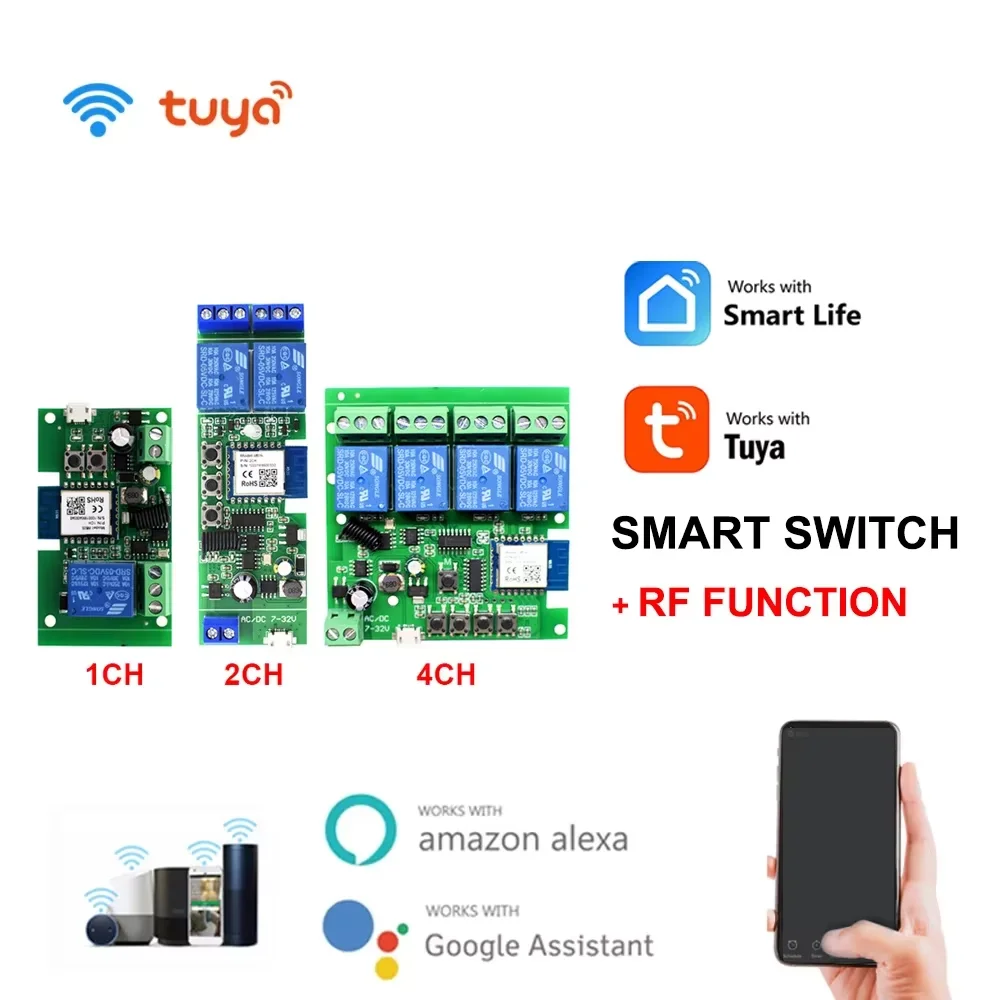 Tuya Smart 1/2/4 Channel Wifi Relay Switch Module RF 433mhz 10A USB 5V AC/DC 7-32V 85-250V Tuya APP Remote Control For Alexa DIY