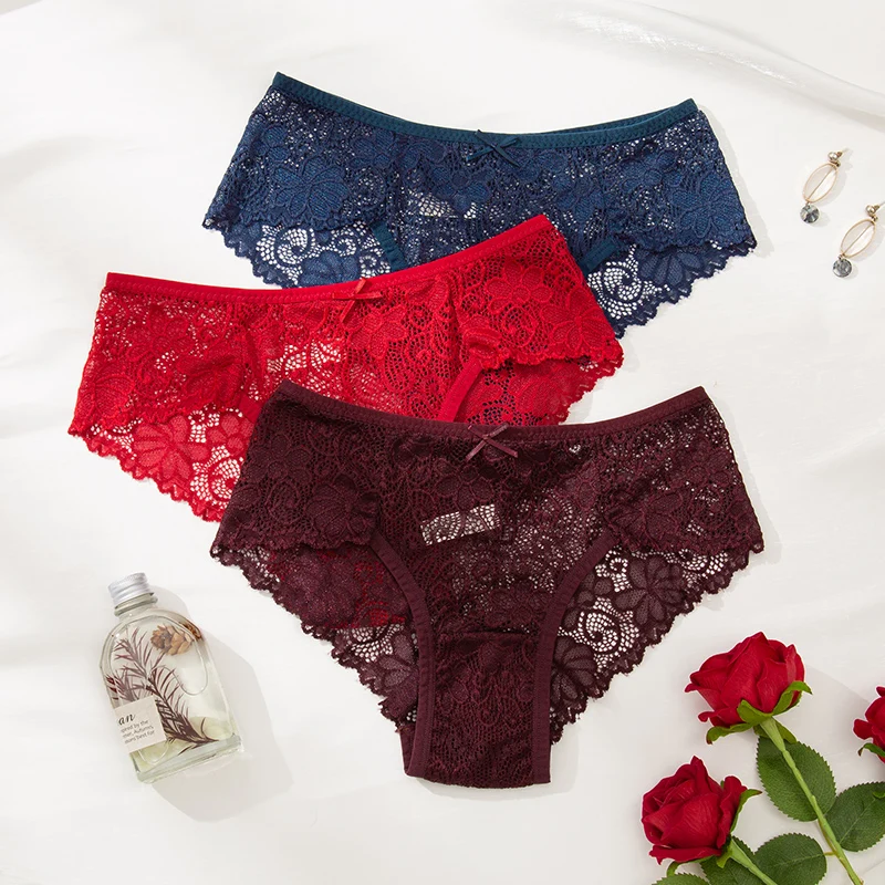 BANNIROU 3Pcs Sexy Panties Underwear For Woman With Transparent Lace Lace Low-Rise Female Briefs