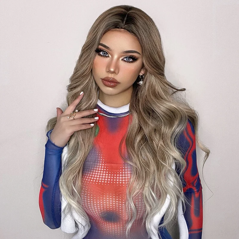 Perruque synthétique longue ondulée bouclée pour femmes, ombrée, marron, blond clair, fête quotidienne, Cosplay