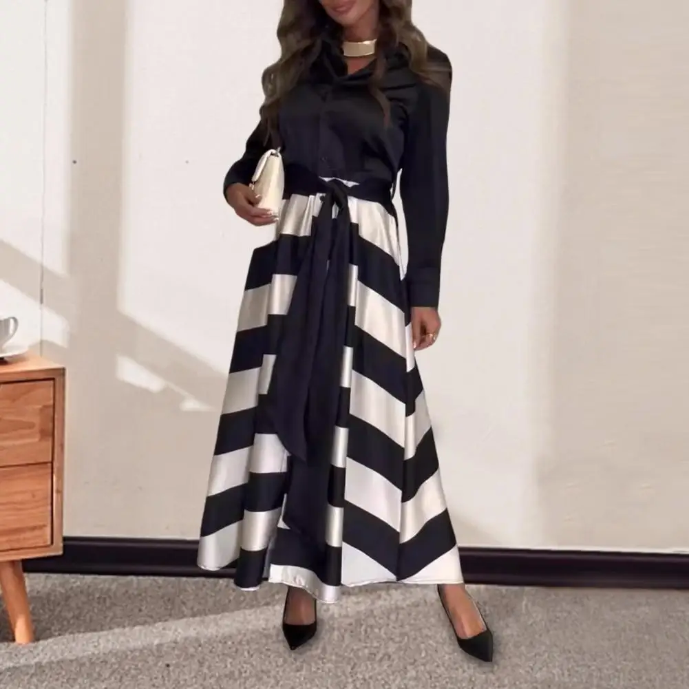 

Lady Commuting Dress Turn-down Collar A-line Striped Print Big Swing Long Sleeves Lace-up Tie Waist Formal Business Style Office