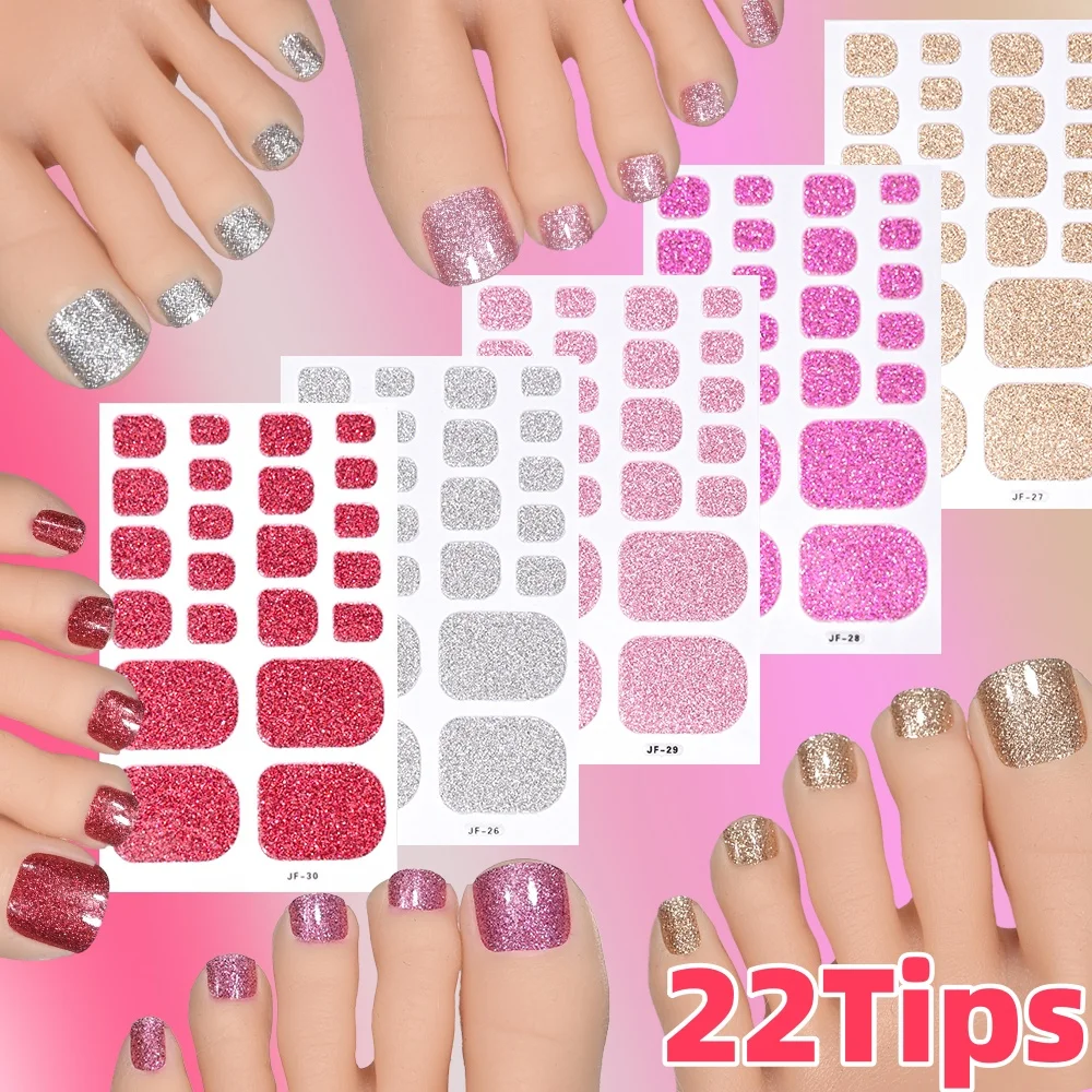 1Sheet(22tips) Solid Color Glitter Toe Nail Stickers Full Cover Self-Adhesive Toenail Wrap Waterproof Toenails Decals Decoration