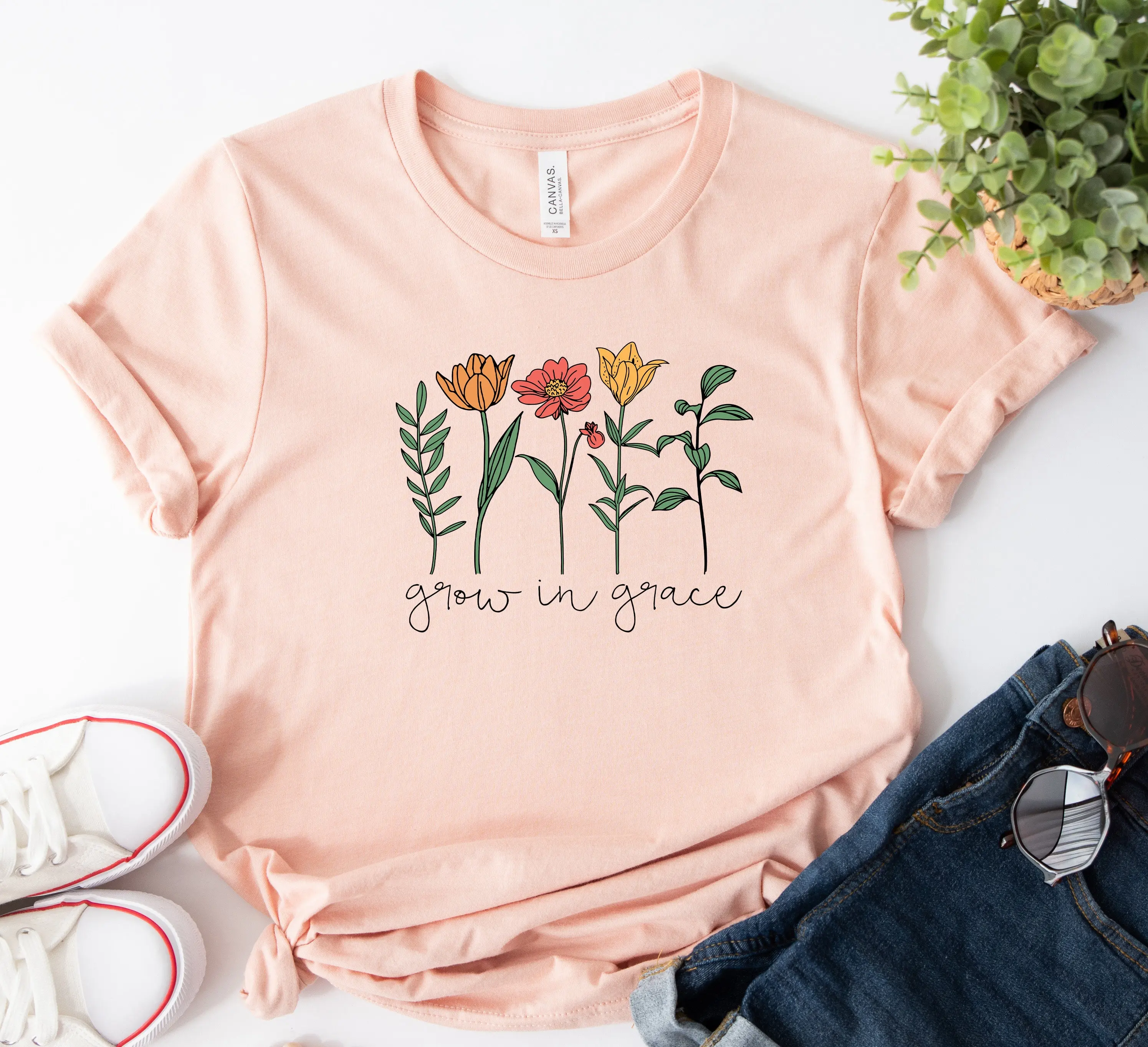 Grow In Grace T Shirt Christian Wildflowers Religion Floral Bible Verse Luke s Faith