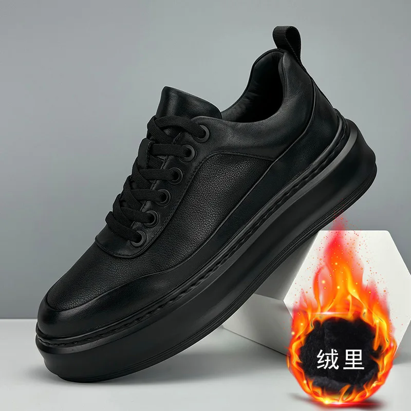 Winter men's leather and plush warm cotton shoes mid top thick soled men's sports and casual leather shoes