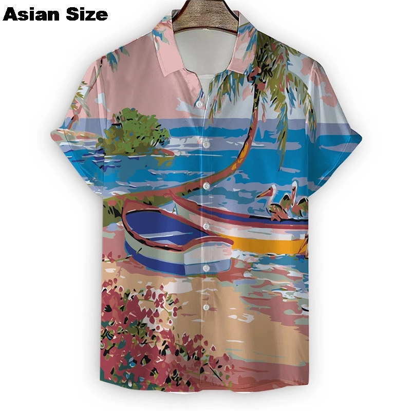 

Hawaiian Palm Trees Shirt For Men 2025 Beach Vacation 3D Printed T Shirts Short Sleeve Tops Cool Street Button Lapel Blouses