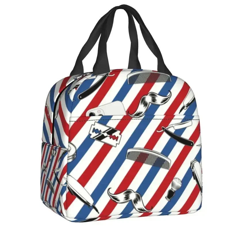 Vintage Scissors Haircut Trendy Stripes Insulated Lunch Bag Thermal Cooler Bento Box Women Children Food Container Tote Bags