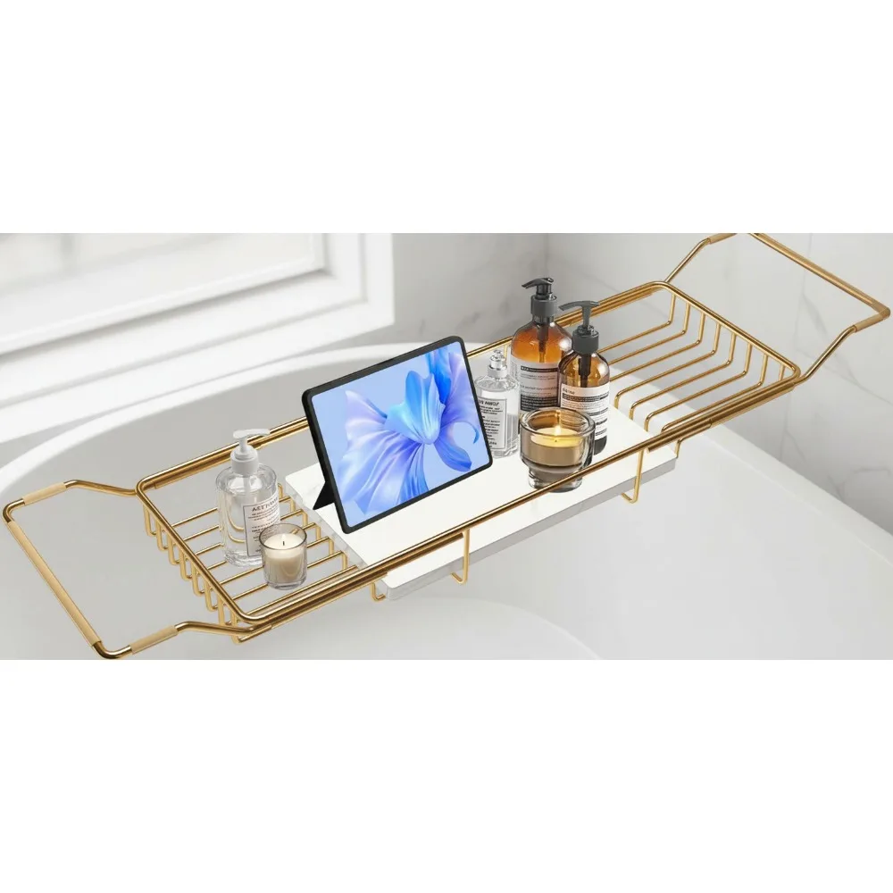 

Adjustable Bathtub Tray with Marble Base - Rustproof Gold Bath Caddy for Spa Relaxation & Bath Bombs