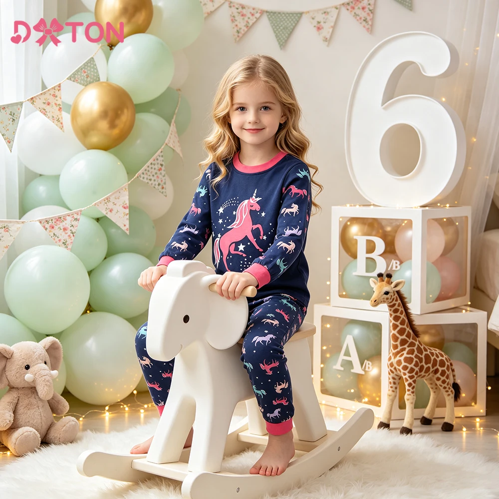 DXTON Kinder-Cartoon-Kleidungssets, Nachthemd, Pyjamas für Herbst, Frühling, Einhorn-Druck, T-Shirts und Hosen, Anzüge, Pyjamas, Kinder-Pyjamas, 2-teilig