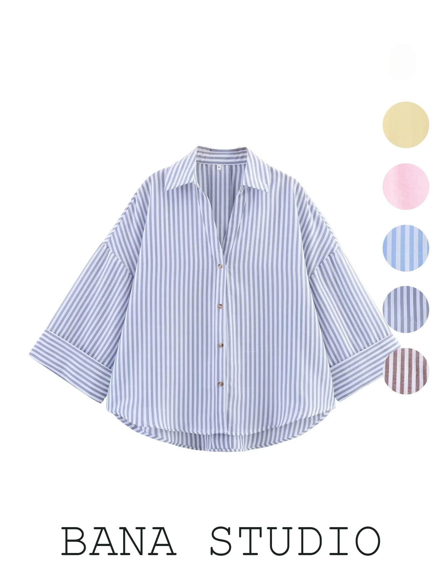 

BANA Women's Loose Cotton Linen Striped V-neck 7/8 Sleeve Shirt Summer 2026 New Style Minimalist Fashion Casual Top