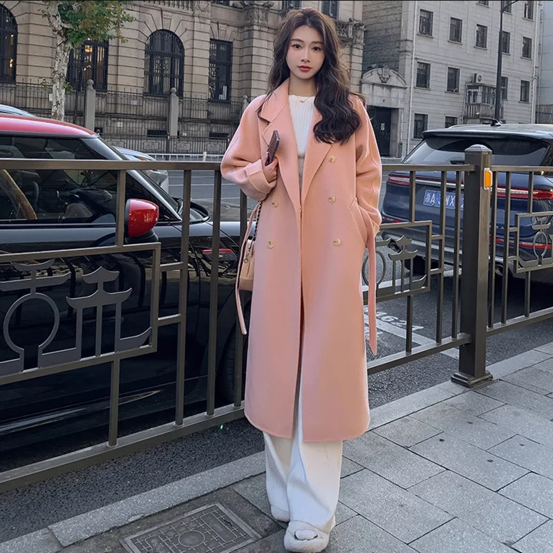 

Double-Sided Cashmere Jacket Women, Loose Long Overcoat, Lace-Up Woolen Windbreaker, Female Outwear, Spring Autumn, New 2025