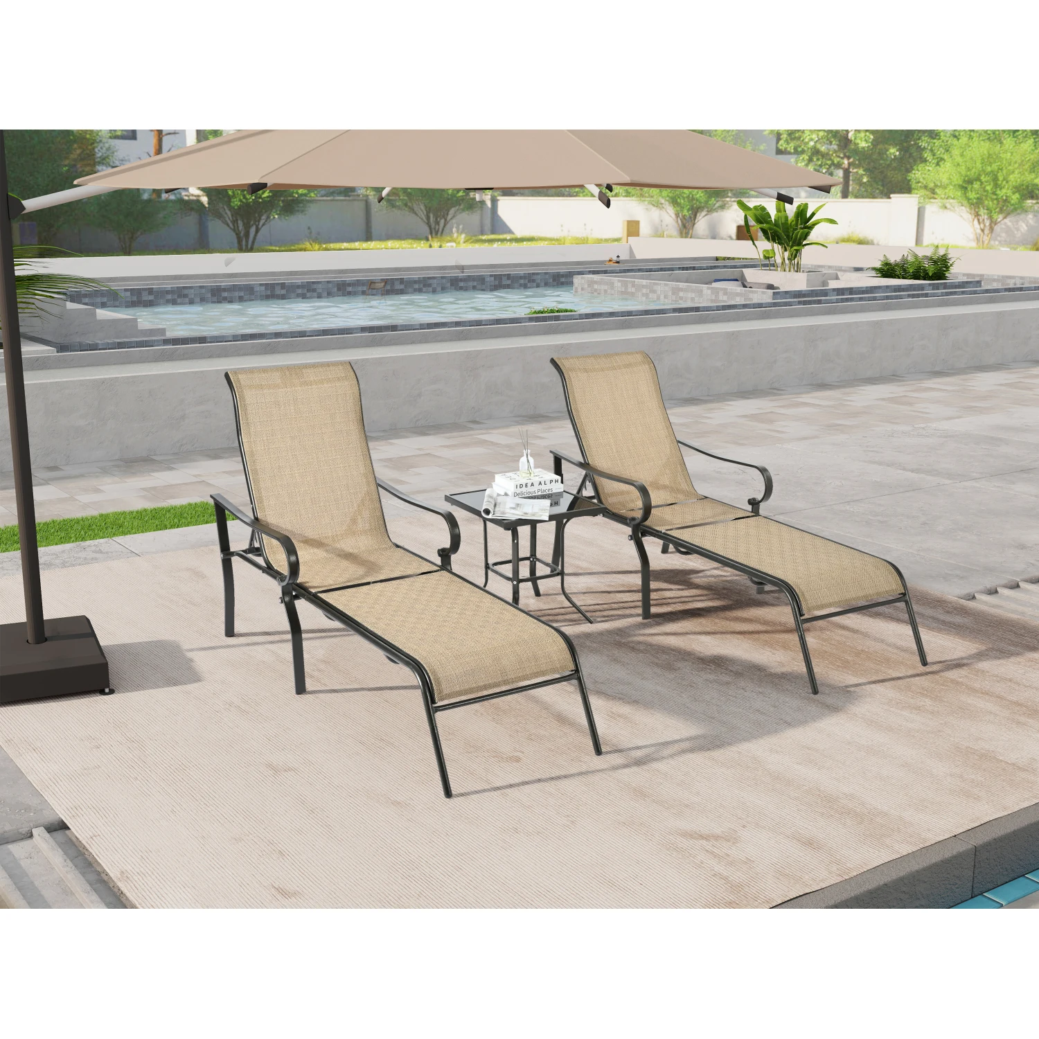 

3 Pack Outdoor Chaise Lounge Chairs with Adjustable Backrests, Steel Frame, Sunbathing Recliners for Yard, Balcony, Pool & Beach