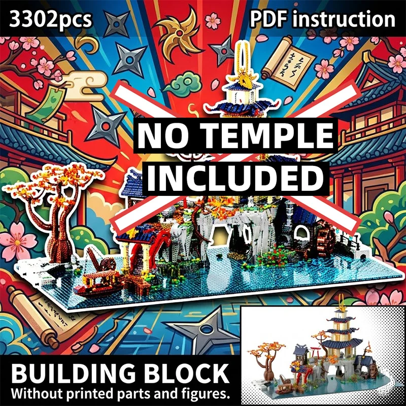 For 71814 MOC Asian Garden Rockery Water Base with Autumn Tree & Water Wheel Display Block Model for 247850 moc