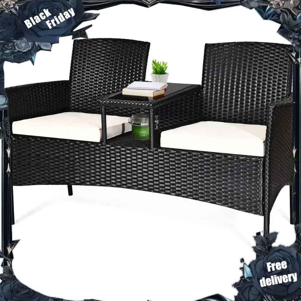 

Wicker Patio Conversation Furniture Set, Outdoor Furniture Set with Removable Cushions & Table, Tempered Glass