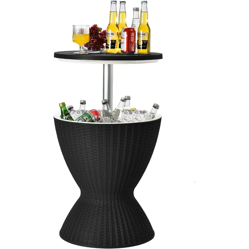 Outdoor Cool Bar Table, Rattan Patio 8 Gallon Beer and Wine Cooler, All-Weather Ice Bucket w/Height Adjustable Top