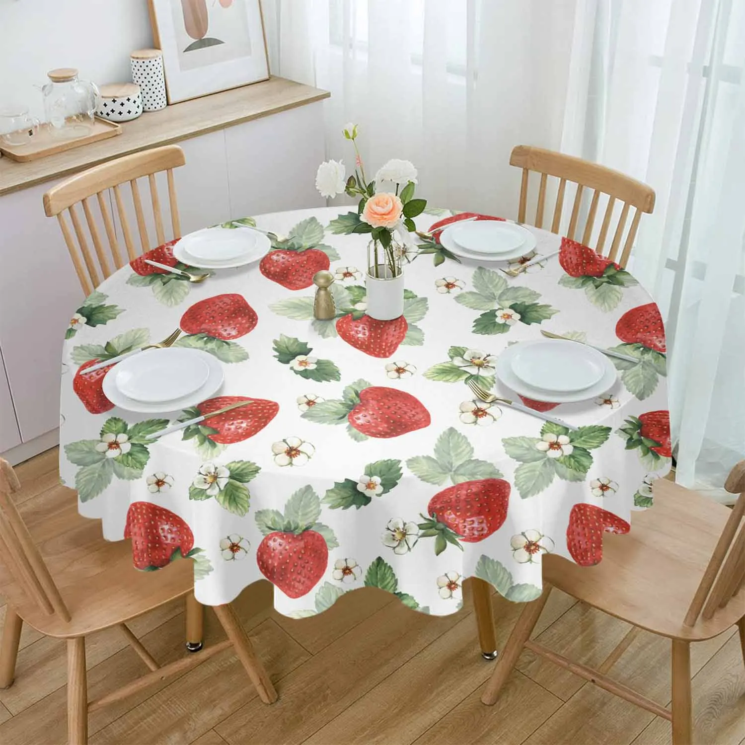 

Summer Fruit Strawberry Flower Round Table Cloth Festival Dining Tablecloth Waterproof Table Cover for Wedding Party Decor