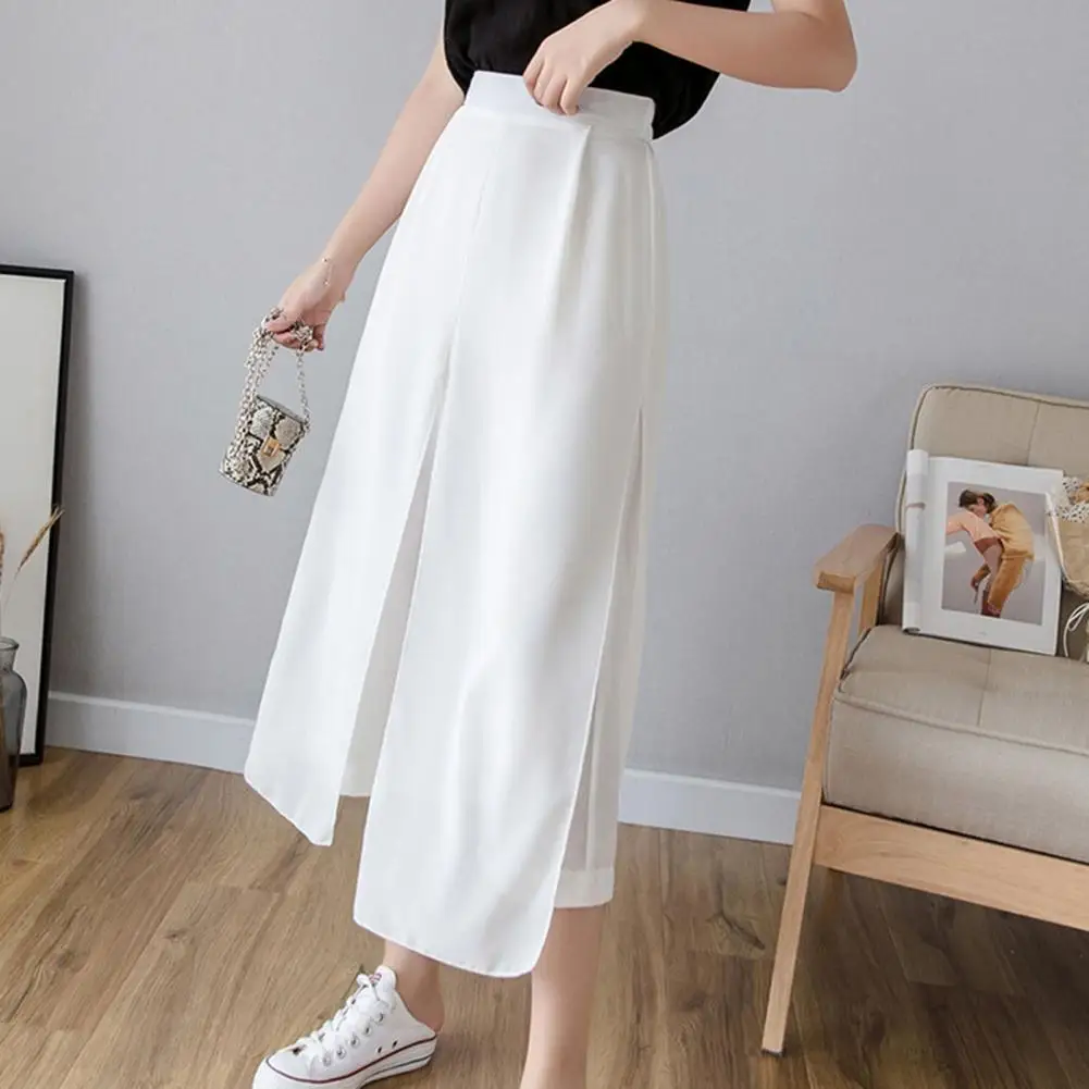 Comfortable Wide-leg Pants Stylish Women's Wide-leg Culottes Elastic High Waist Chiffon Trousers for Daily Wear Casual Polyester