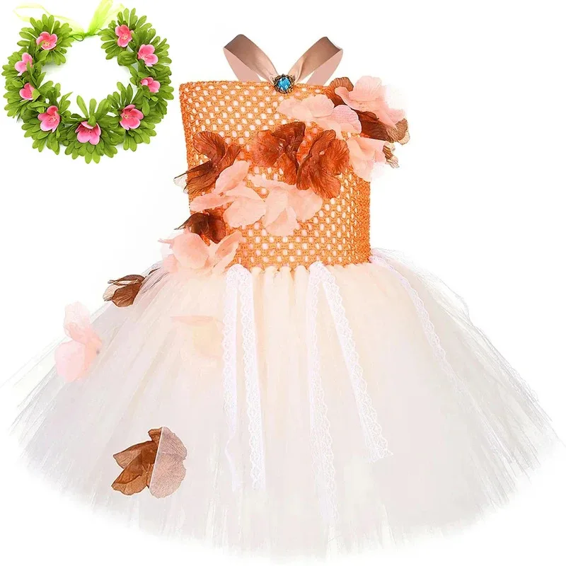 Moanna Vestidos de princesa para niñas Disfraces de Navidad y Halloween para niños Traje de tutú de ballet de cumpleaños con collar de anillo de flores