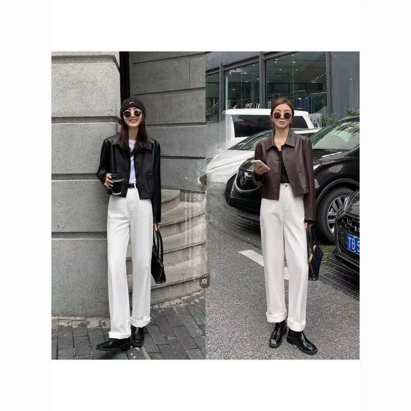 Faionable ort Leather Jaet Dames Sli Casual Retro 2024 Nieuw Model China Made Lange Sve Kraag PU-leer