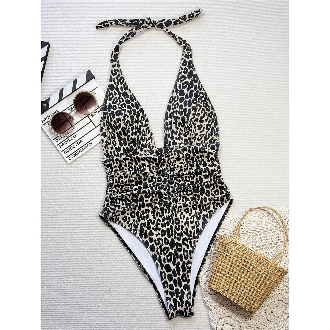 Sexy Leopardenmuster, tiefer V-Ausschnitt, Neckholder, einteiliger Badeanzug, Damen-Badebekleidung, rückenfreier Monokini, gepolsterter Badeanzug, Badeanzug, Modell V6625. – Detail 7