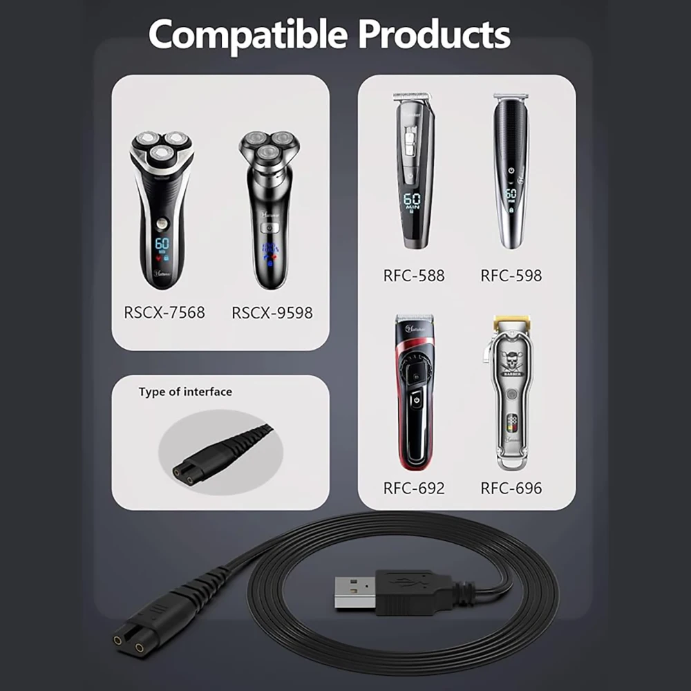1.5m USB Charging Cable for Hatteker RFC-598 RFC-588 RFC-690 RSCX-7568 Hair Clipper Shaver 5V Power Cord