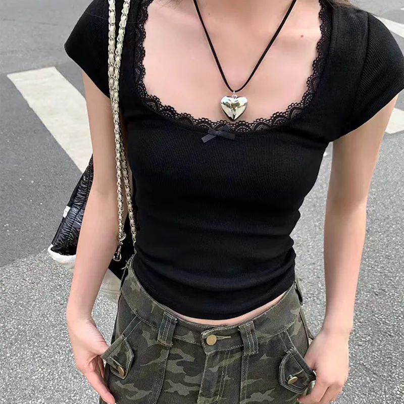 Y2k Lace Patchwork Crop T-shirt Women Vintage Streetwear Sexy Slim U Neck Tops Female Harajuku Korean Bow Chic Bottoming Tees image 2