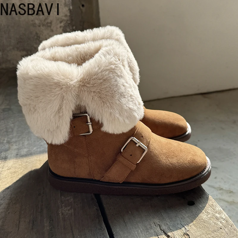 

NASBAVI 2026 News Fashion Winter Women Mid Calf Plush Warm Buckle Shoes Faux Suede Flats Heels Round Toe Short Snow Boots 34-39
