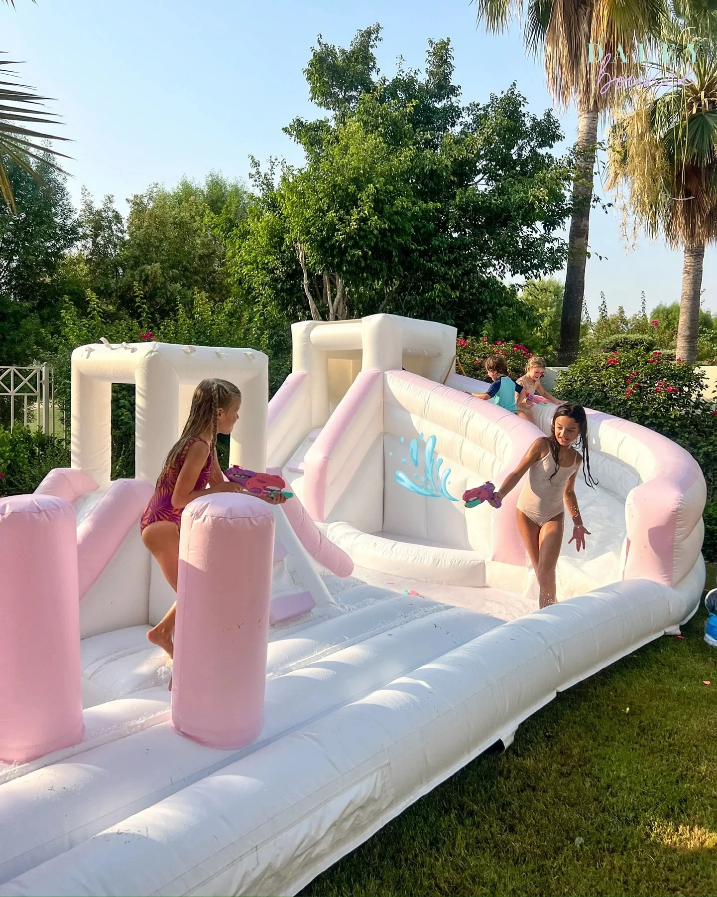 White Pink Obstacle Course Ball Pit Playground Area with Jumping Castle Slide Pool Inflatable Splash Pad for Kids Party  Event