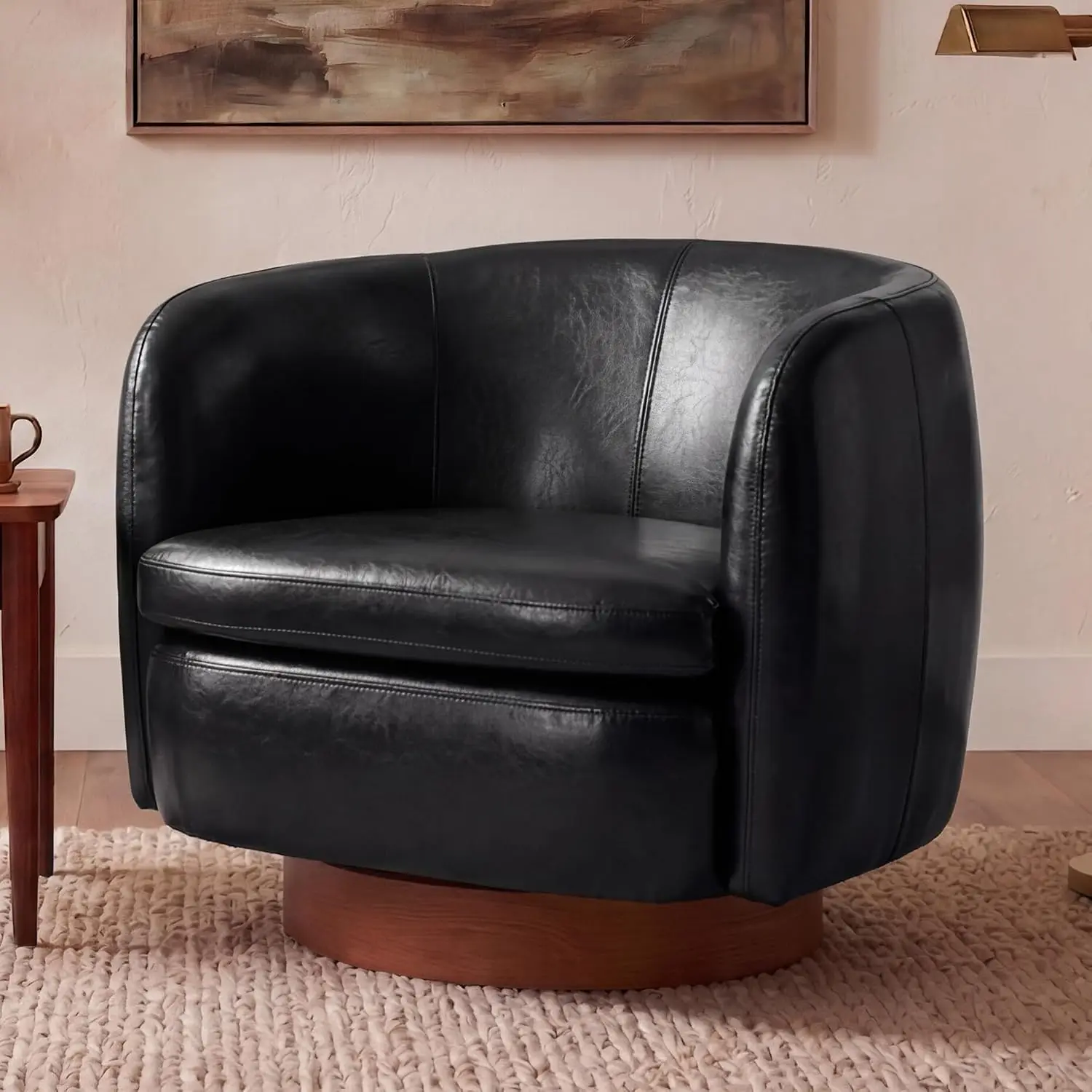 Swivel Barrel Chair, 360° Rotating Upholstered Armchair with Wood Base, Modern Mini Sofa for Living Room Bedroom Office Black, C