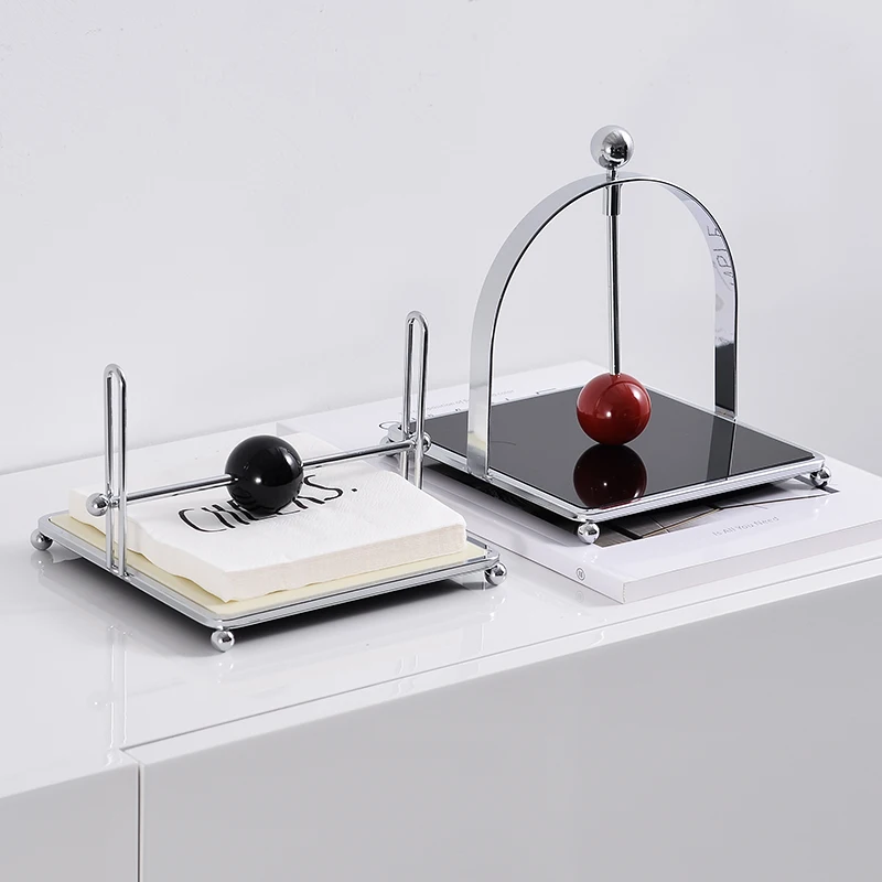 Moderner minimalistischer Serviettenhalter, quadratischer Eisen- und Acryl-Taschentuchständer, Tischpapierpresse, Aufbewahrung und Dekoration mit Papierclip, konkave Bogenform, Schwarz und Creme-Weiß – Detail 4