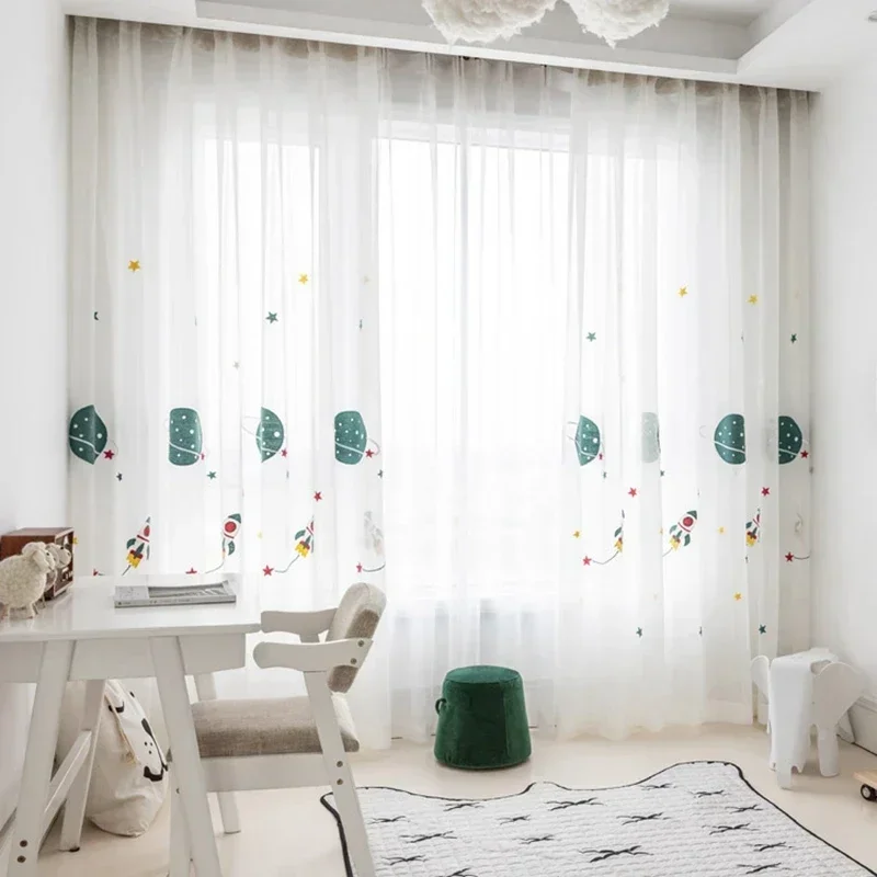 Cortinas transparentes con bordado de planetas del espacio de dibujos animados para niños, cortinas transparentes de tela gruesa para dormitorio de bebés, cortinas transparentes de tul para sala de estar