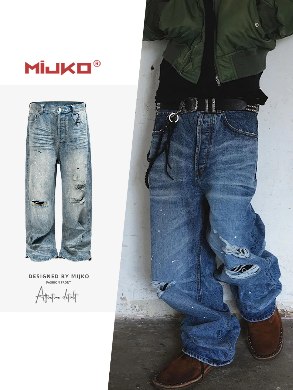 MIJKO Unisex Faded Jeans Straight Fit Neutral Wash Destroyed Blue Jean Men's and Women's ZJ141