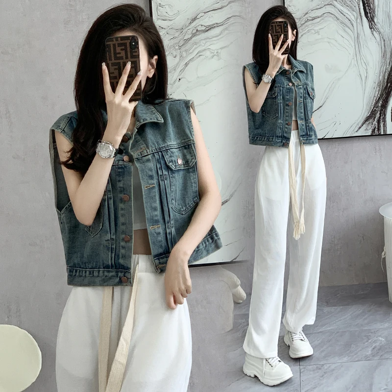 2023 New Fashion Streetwear Ashion Denim Vest Women Summer Autumn Girls Chic Outerwear Off Shoulder Jeans Vest Cheap Wholesale