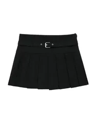 2024 Women's Fashion Vintage Chic Skirts Solid Black High Waist Belt Decoration Skirts Female Sweetwear Style Mini Skirts
