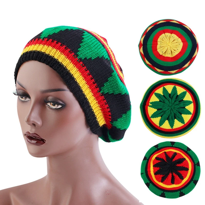 New Winter Knitted Beret Cap For Mens Women Jamaican Rasta Knit Beanie Hat Multi-colour Leaves Hip Hop Fashion Haircover