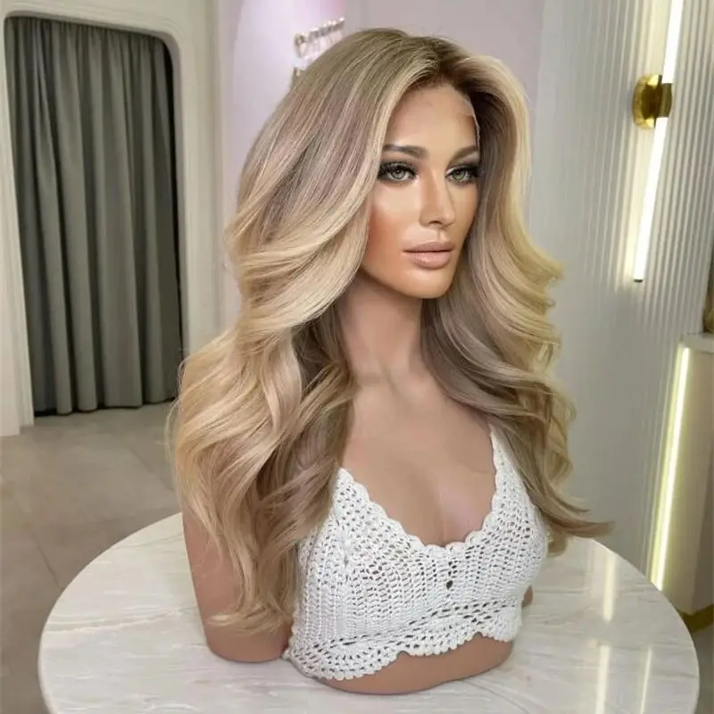 Trendy Wig Ombre Blonde Brown HD Lace Front Wig High Quality Wig for Women High Heat Custom Synthetic Lace Wigs Blend Human Hair