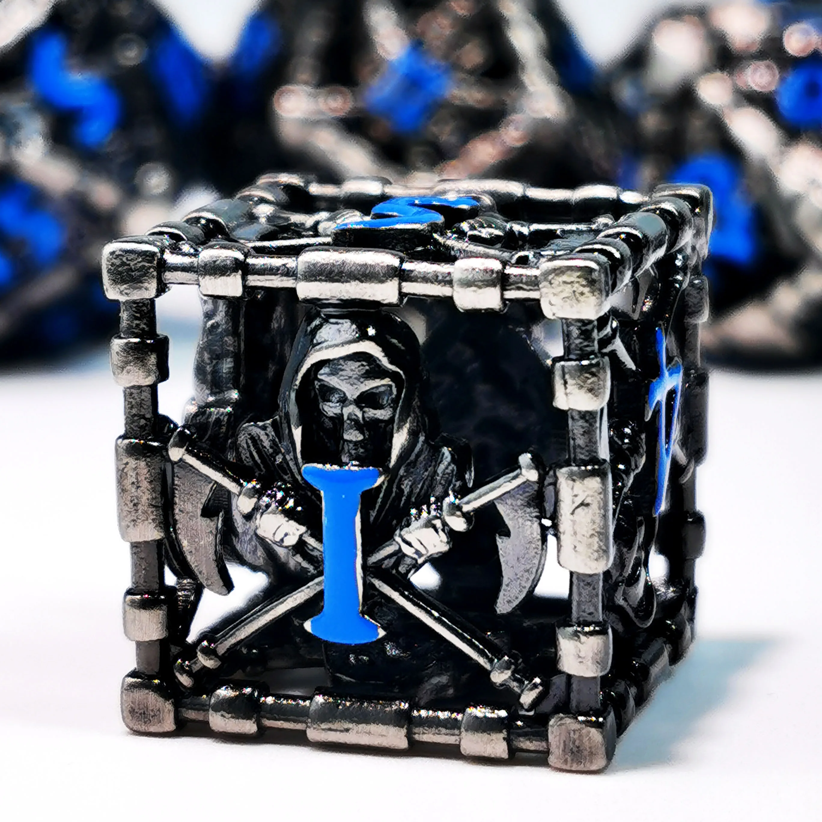 DnD Metal Dice Set - 7 Piece Zinc Alloy Polyhedral Dice, Blue Pattern for Dungeons & Dragons, RPG Tabletop Games