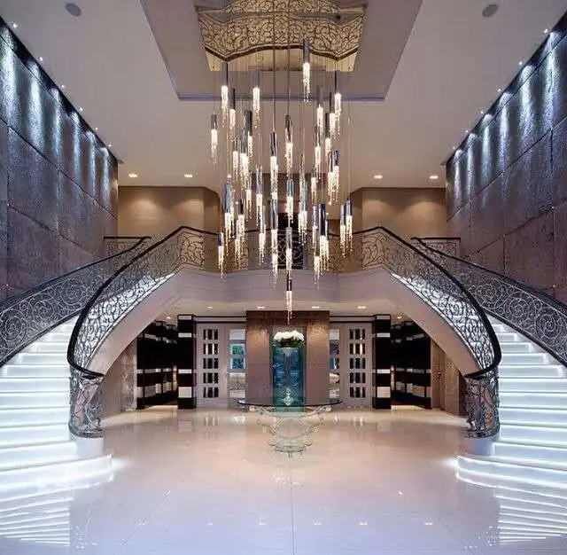 سلم حلزوني حديث مخصص مع درابزين معدني من الحديد المطاوع على شكل قوس زجاج منحني للشقق #6