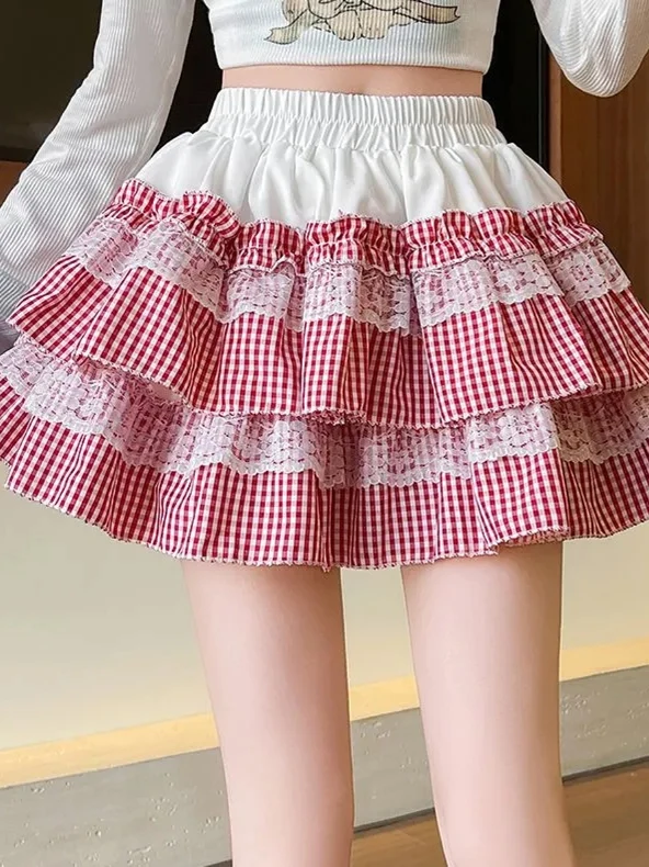 

Lace Lolita Plaid Puffy Short Skirt High Waist Cake Girl Half-length Skirt Sweet Overlap Design Baking Style Spring Summer
