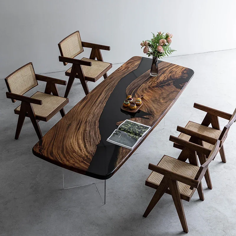 Epoxy resin river table tea black walnut log desk solid wood resin large board crystal glacier tea table