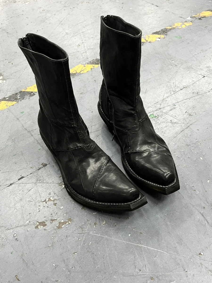 

Ретро k сшитые лоскутные ботинки волшебника с квадратной головкой, ботинки челси, мужские рыцарские сапоги на тонком каблуке со спиральной молнией, кожаные сращивания