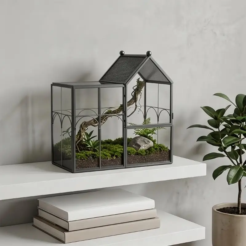 Glas-Terrarium-Ausstellungshaus mit schwarzem Rahmen und Öffnungsplatte für Blumenarrangements, Platzierung auf der Fensterbank – Detail 4