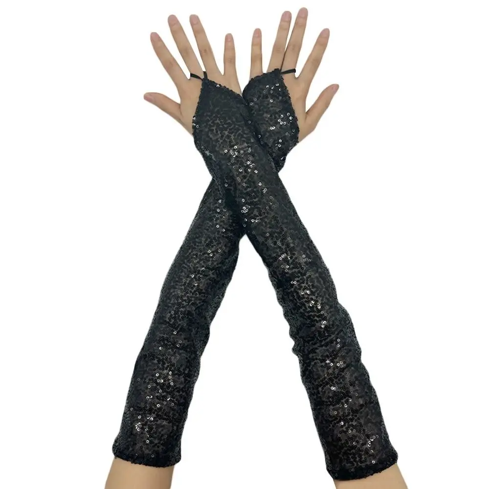 Fashion Vintage Sequins Gloves Fingerless Gothic Cosplay Mittens Punk Long Dancing Gloves Nightclub Stage