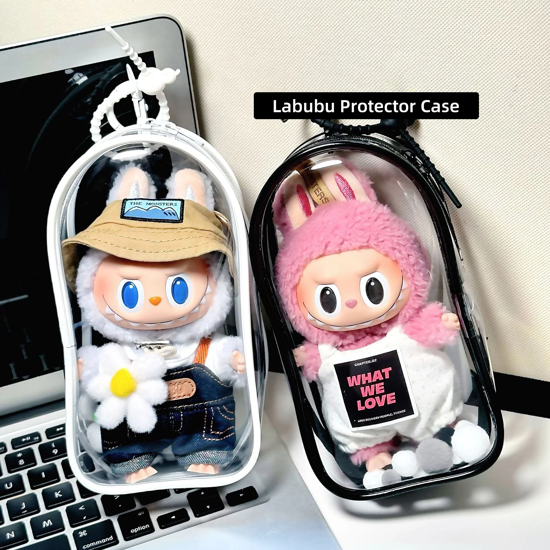 Labubu V2 Protector กรณีตุ๊กตาอุปกรณ์เสริมโปร่งใสสีสัน Organizer กล่องตุ๊กตา Plush กลางแจ้งจอแสดงผลกระเป๋าพวงกุญแจ