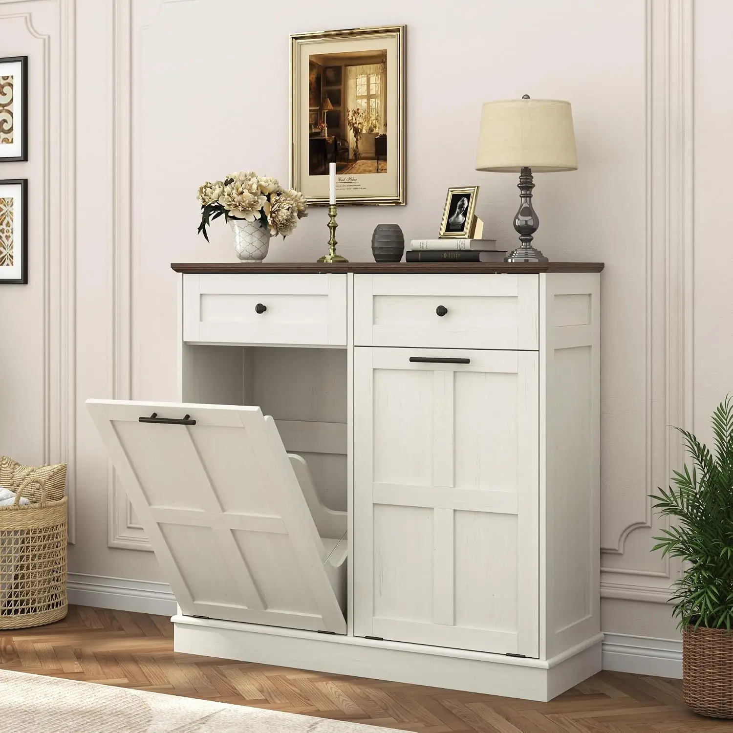Double Trash Can Cabinet, 26 Gallons Farmhouse Hidden Wood Garbage Can Bin Cabinet with Drawers, Tilt Out Laundry, Customized