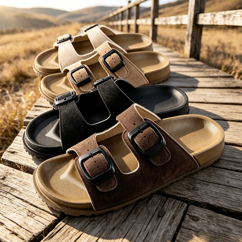 Women Summer Multi‑color Double Adjustable Buckle Slide Sandals 4 Colors Large‑Size Casual Daily Slip‑On Slippers