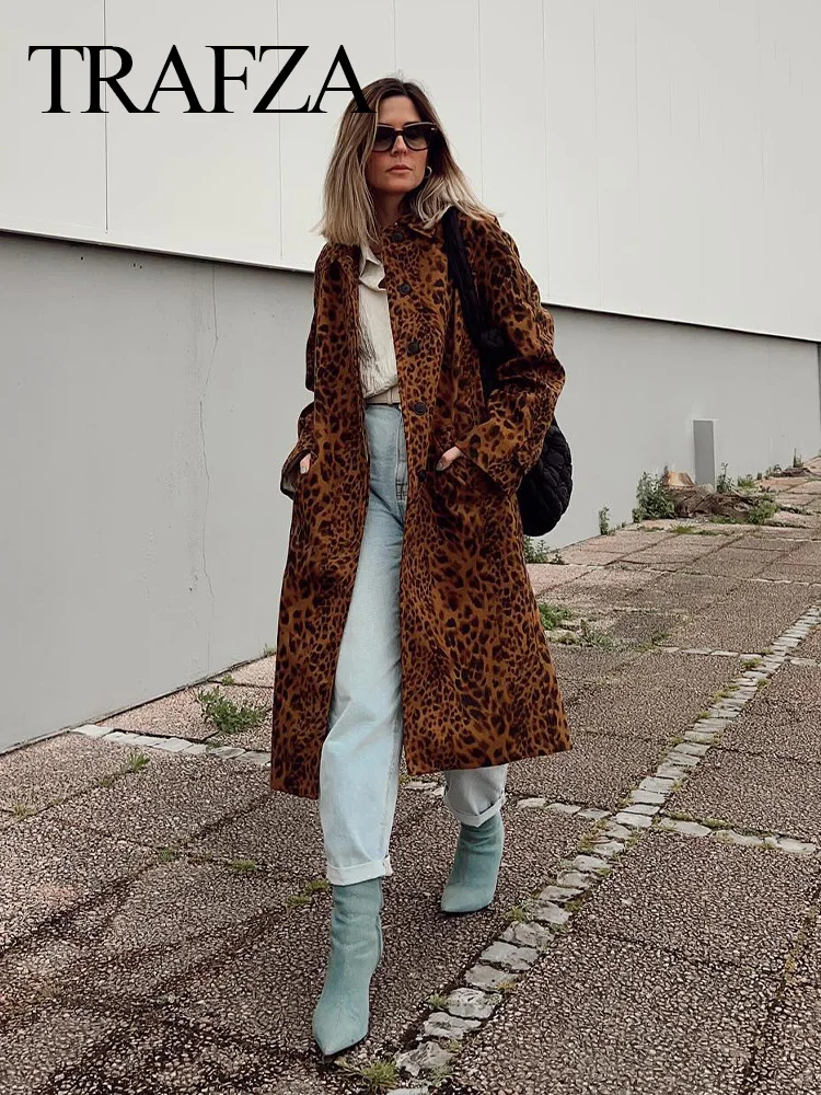 TRAFZA 2024 Woman Vintage Leopard Printed Loose Overcoat Women Long Sleeve With Pocket Lapel Long Jacket Coat Streetwear TRAF