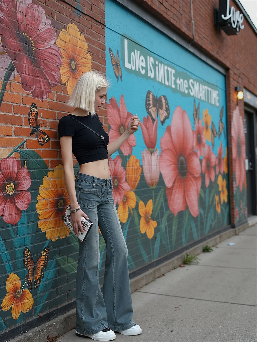 Flare Slim Skinny Floor Jeans Damen Patchwork Hohe Taille Ausgestelltes Bein Plissee Baggy Gestickte Passform Vintage Pocket Chic