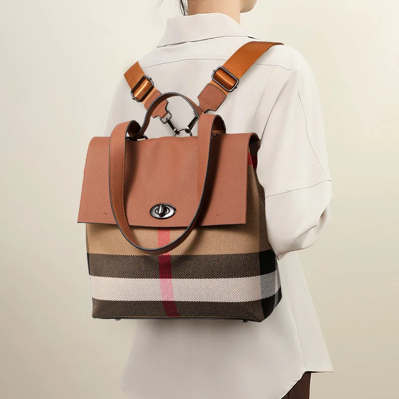 Genuine leather backpack women's plaid large capacity backpack fashionable and versatile computer handbag